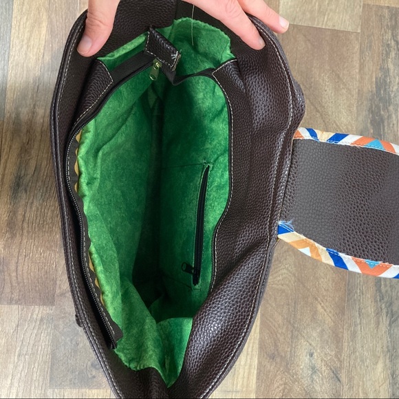 Brown Faux Leather Side Tote Purse w/ Colorful Detailing - Picture 10 of 12